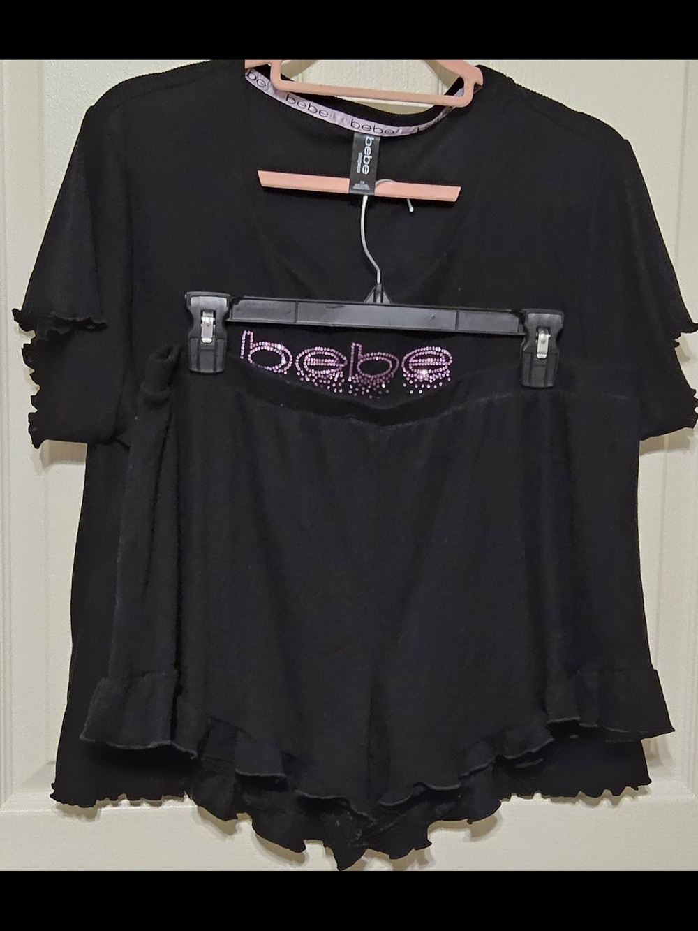 bebe Black Rhinestone Logo Ruffle Pajama Short Set - Size 1X NWOT